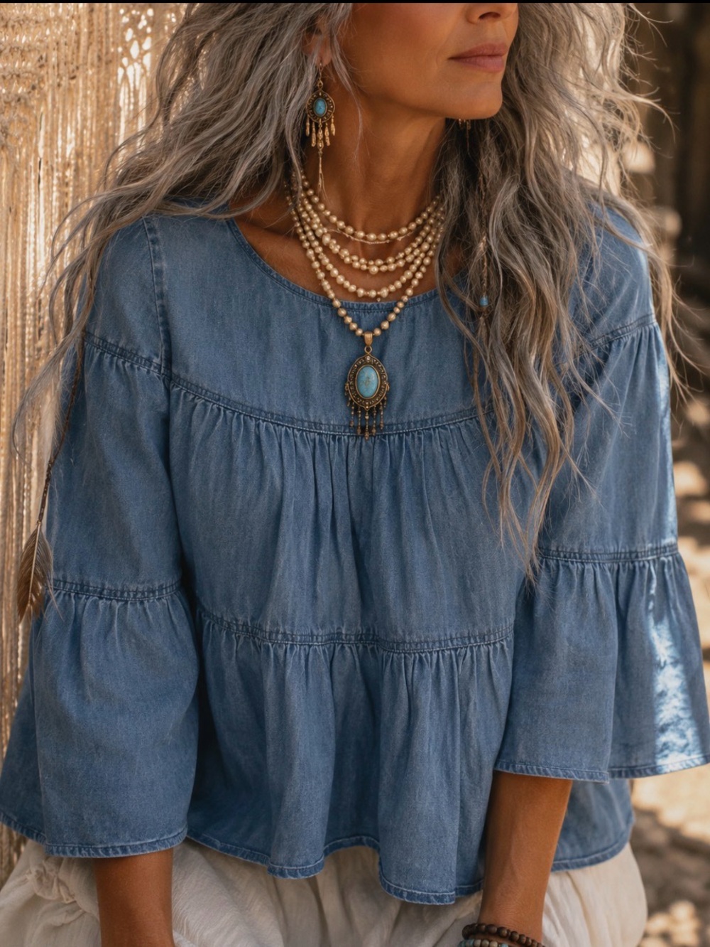 Madewell Chambray Tiered Bell-Sleeve Blouse - Blue Size XS